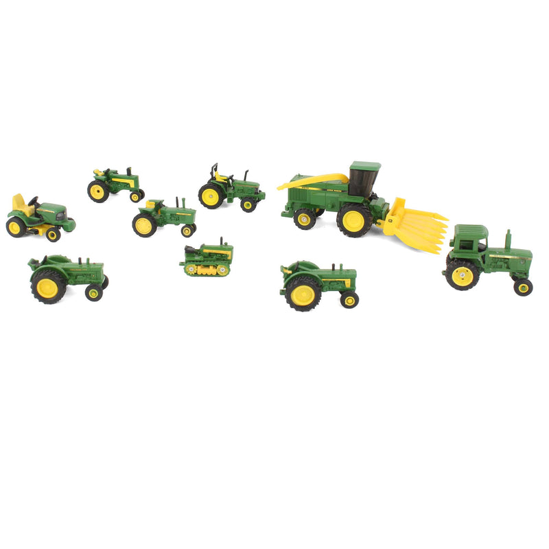 Lot of (7) 1/64 John Deere Tractors, (1) 1/64 John Deere Crawler, and (1) 1/64 John Deere Combine with Header