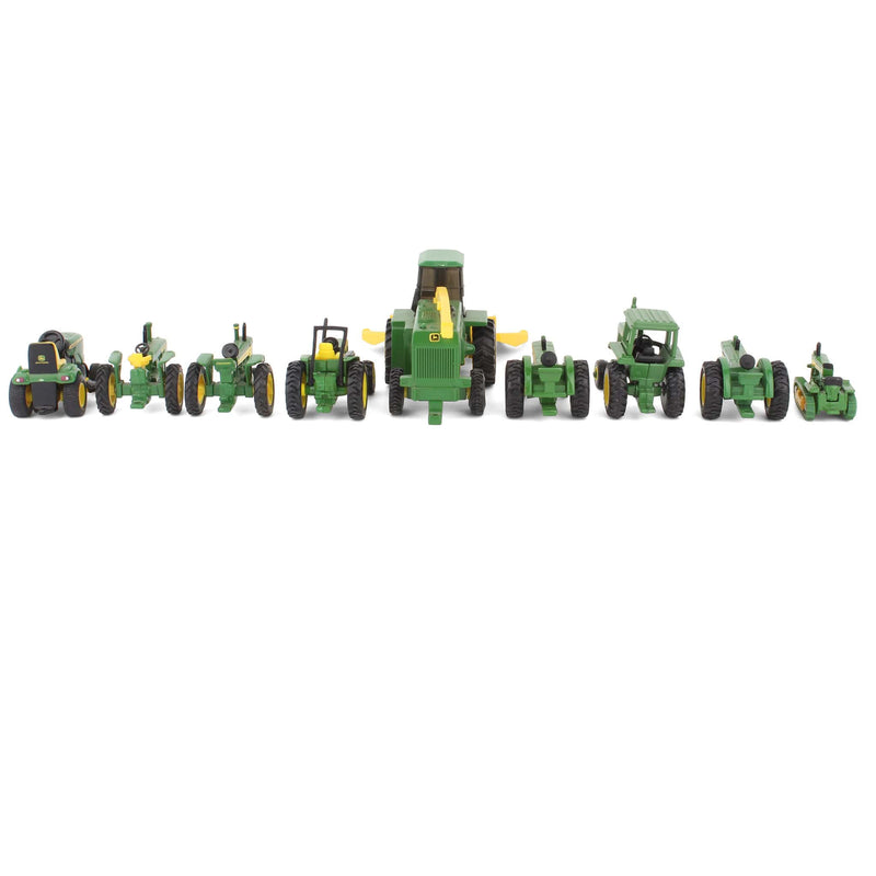 Lot of (7) 1/64 John Deere Tractors, (1) 1/64 John Deere Crawler, and (1) 1/64 John Deere Combine with Header