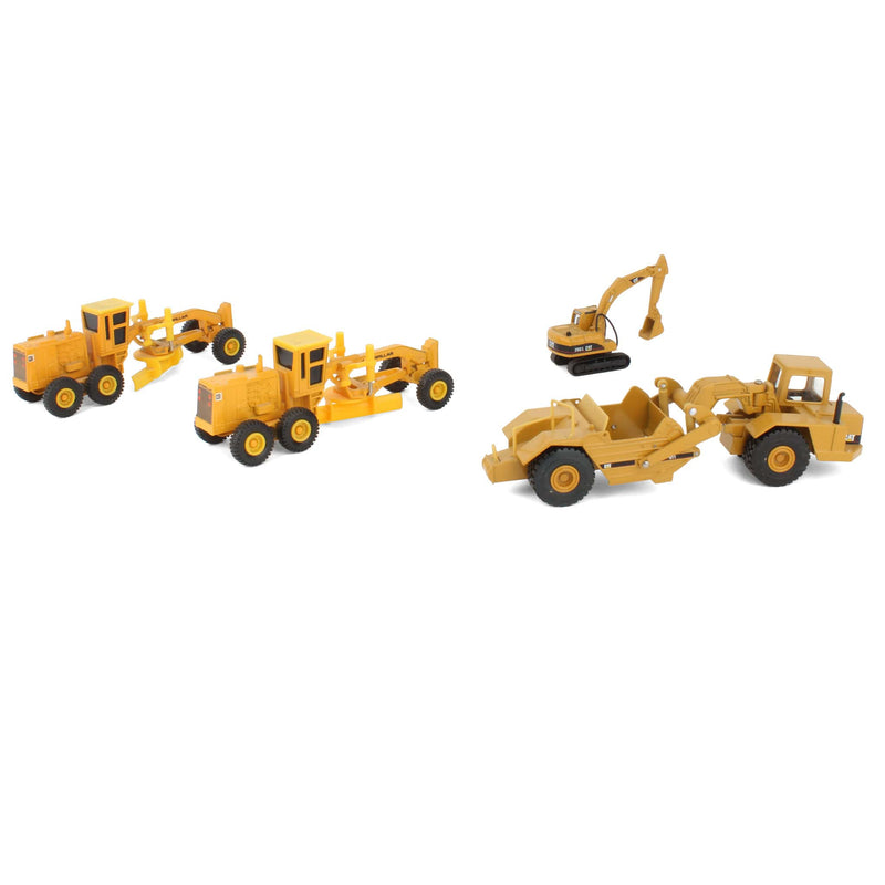 Lot of (2) 1/64 Caterpillar graders, (1) 1/64 CAT scraper, and (1) 1/87 CAT excavator