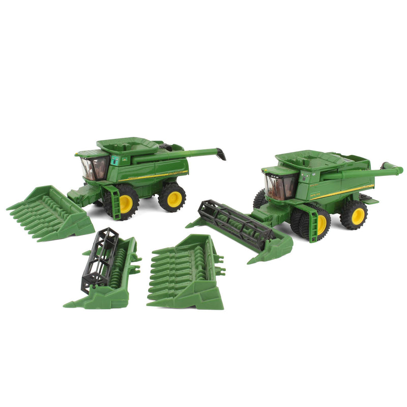 Lot of (2) 1/64 John Deere Combine with (2) Grain Headers and (2) Corn Headers by ERTL