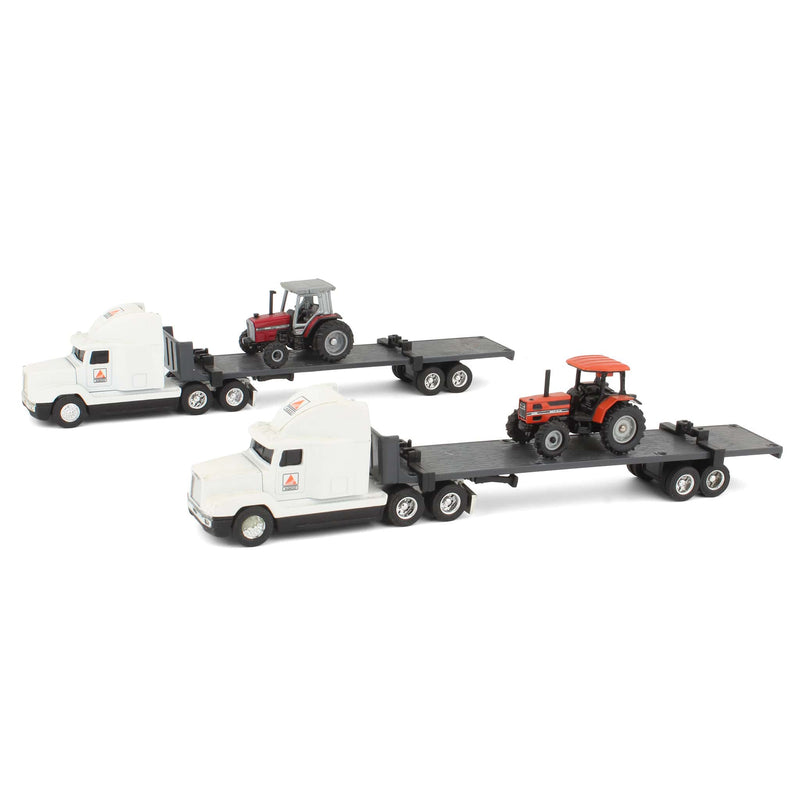 Lot of (2) 1/64 Tractors, (2) 1/64 Agco Semi Trucks, and (2) Flat Bed Trailers by ERTL