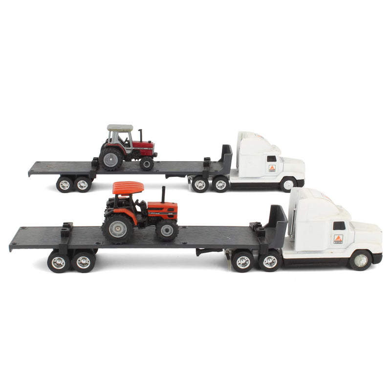 Lot of (2) 1/64 Tractors, (2) 1/64 Agco Semi Trucks, and (2) Flat Bed Trailers by ERTL