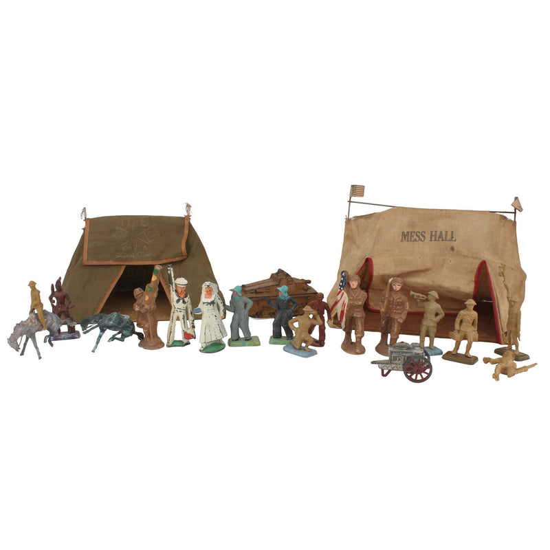 Lot of Lead/Composition US Military Toy Figures, Vehicles, Mess Hall & Signal Corp Tent by Barclay, Manoil