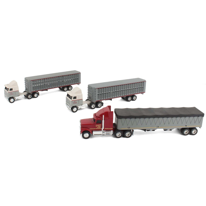 Lot of (3) 1/64 Semi Trucks, (2) 1/64 Livestock Trailers, and (1) 1/64 Grain Trailer by ERTL