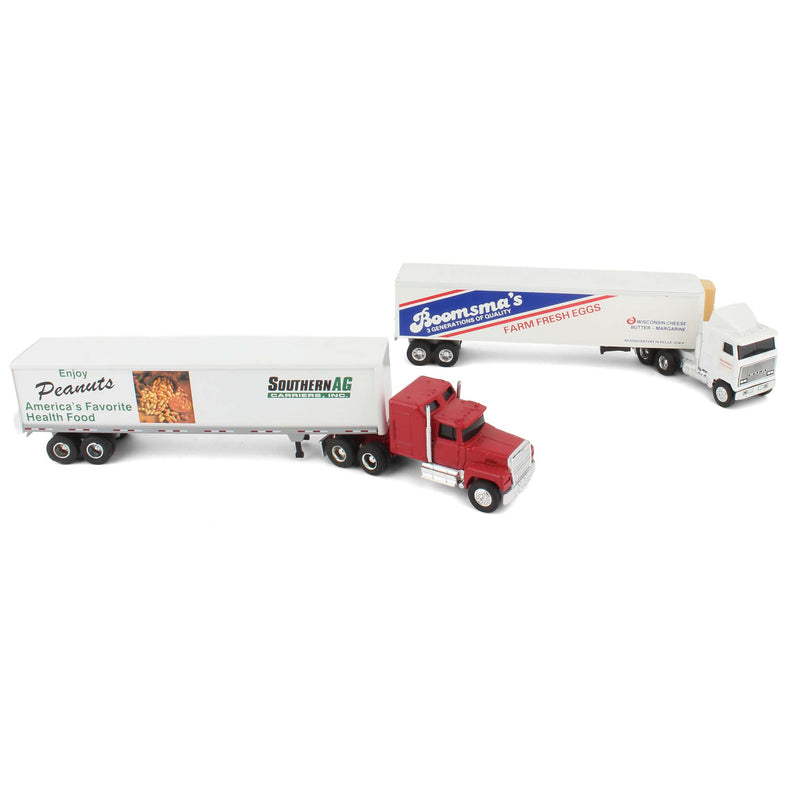Lot of (2) 1/64 Ford Semi Trucks, (1) 1/64 Mack Semi Truck, and (3) Box Trailers