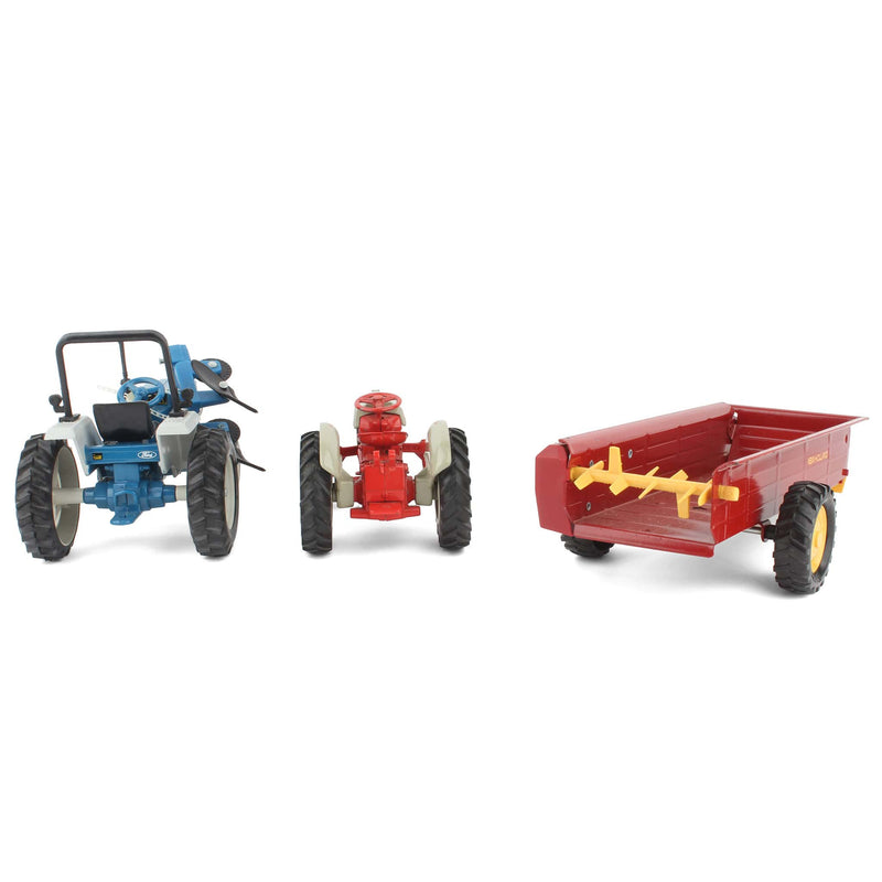 Lot of (2) 1/16 Ford Tractors, (1) 1/16 New Holland Manure Spreader, and (1) 1/16 Ford 2-Row Plow