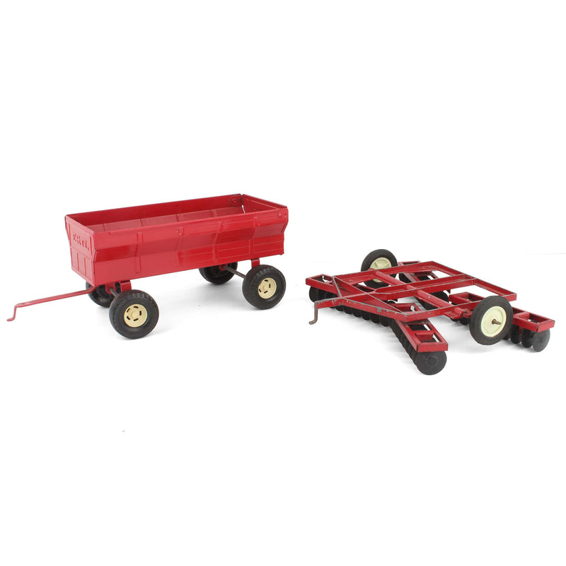 Lot of (1) 1/16 Red Flare Barge Wagon and (1) 1/16 Red Disc Plow by ERTL