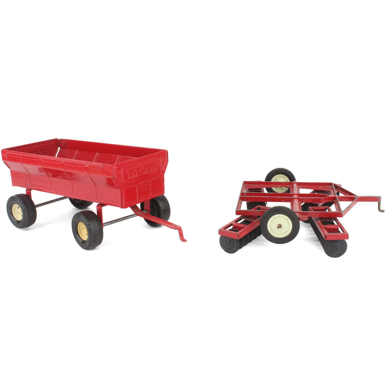 Lot of (1) 1/16 Red Flare Barge Wagon and (1) 1/16 Red Disc Plow by ERTL