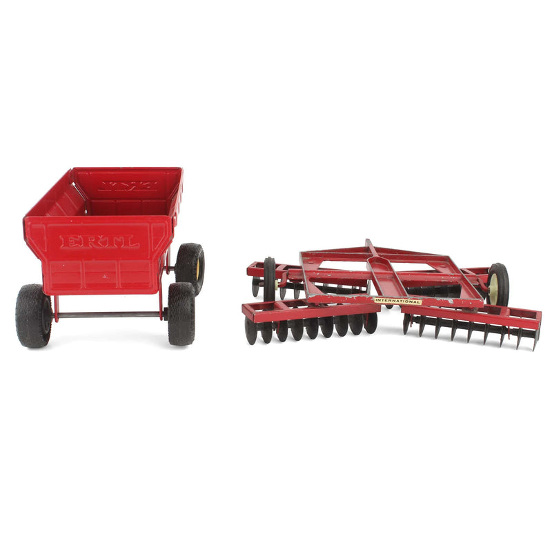 Lot of (1) 1/16 Red Flare Barge Wagon and (1) 1/16 Red Disc Plow by ERTL