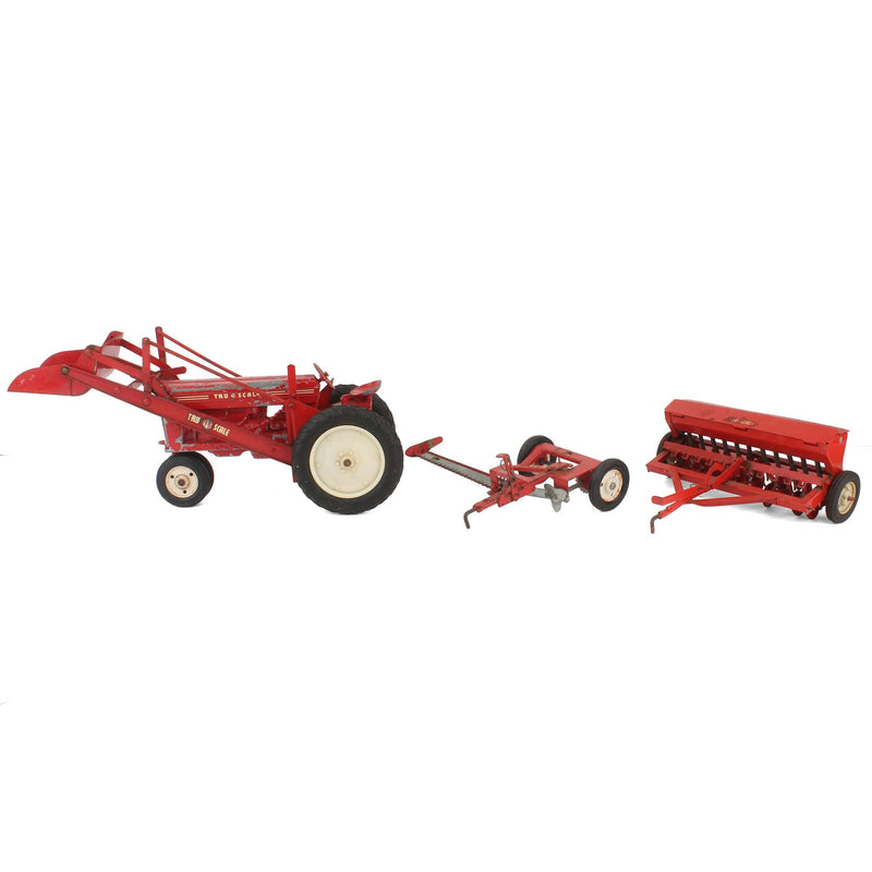 Lot of (1) 1/16 Tru Scale Tractor with Loader and (2) 1/16 Tru Scale Farm Implements Including Planter and Sickle Mower