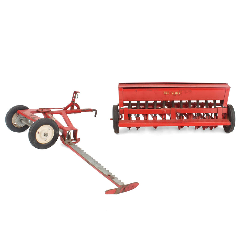 Lot of (1) 1/16 Tru Scale Tractor with Loader and (2) 1/16 Tru Scale Farm Implements Including Planter and Sickle Mower