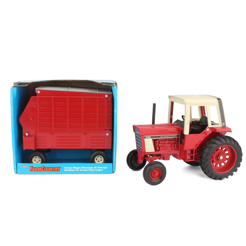 Lot of (1) 1/16 Case International 1086 Tractor with Cab and (1) 1/16 Red Forage Wagon by ERTL