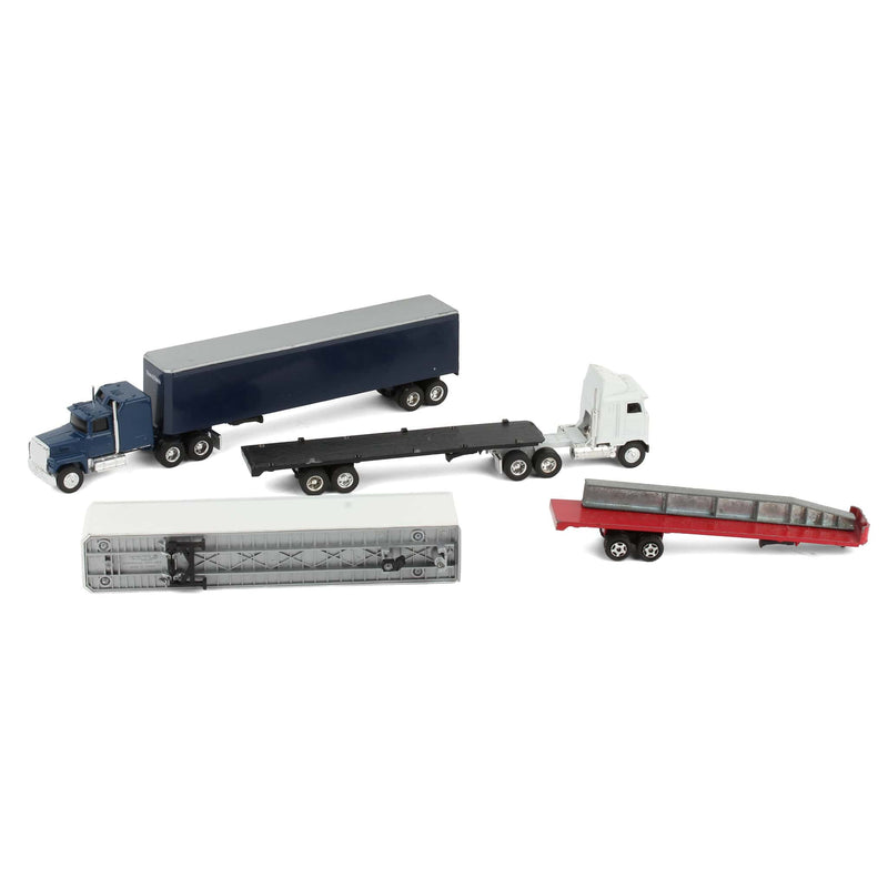 Lot of (2) 1/64 Semi Trucks, (2) Associated Semi Trailers, and (2) Flatbed Trailers by ERTL