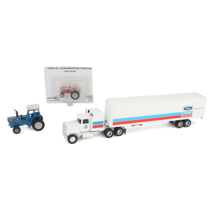 Lot of (1) 1/64 Ford Semi Truck with Box Trailer and (2) 1/64 Ford Tractors by ERTL