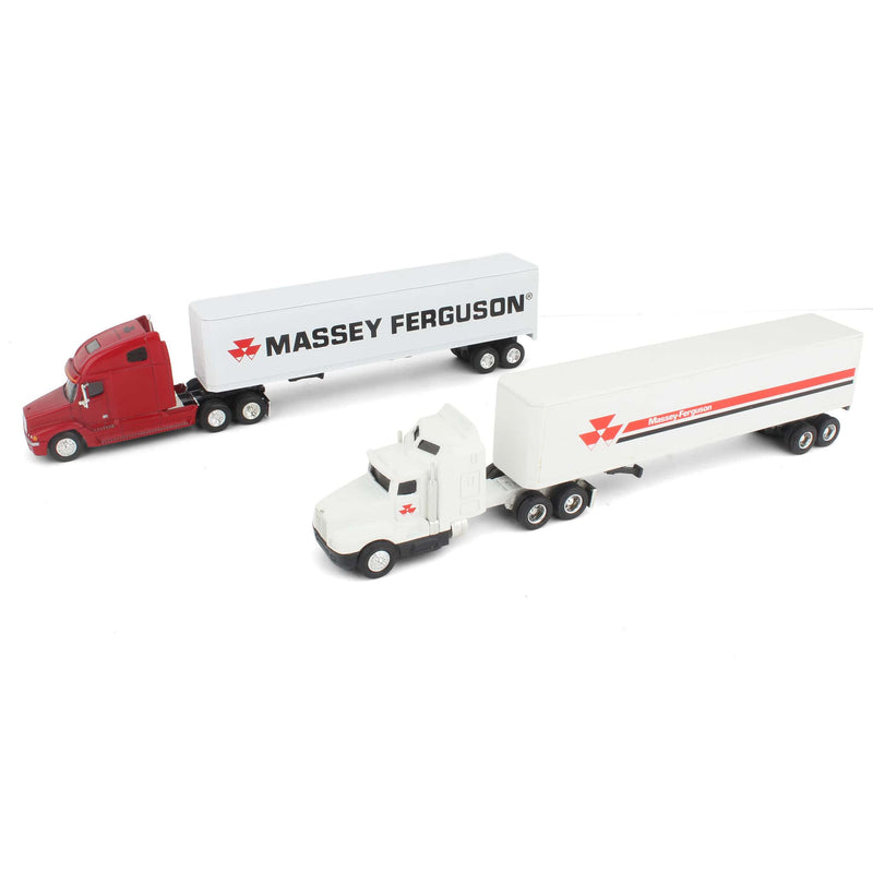Lot of (2) 1/64 Massey Ferguson Semi Trucks and (2) 1/64 Massey Ferguson Box Trailers