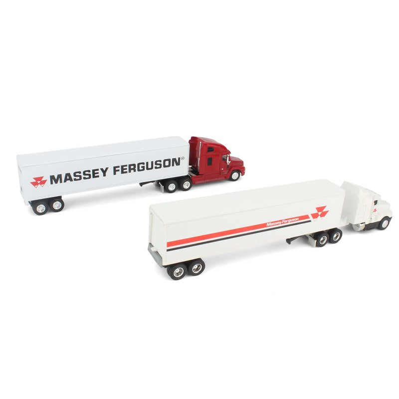 Lot of (2) 1/64 Massey Ferguson Semi Trucks and (2) 1/64 Massey Ferguson Box Trailers