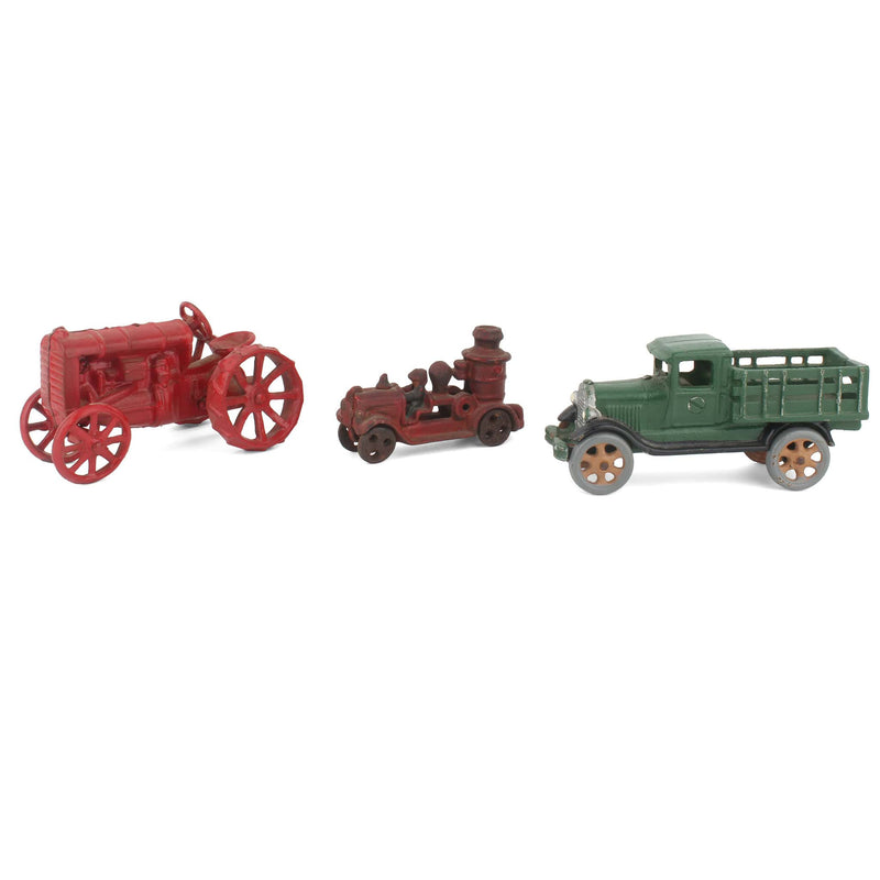 Lot of (3) Vintage Cast Iron Vehicles, Stake Truck, Fire Truck & Tractor