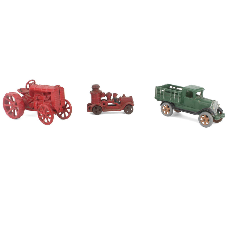 Lot of (3) Vintage Cast Iron Vehicles, Stake Truck, Fire Truck & Tractor