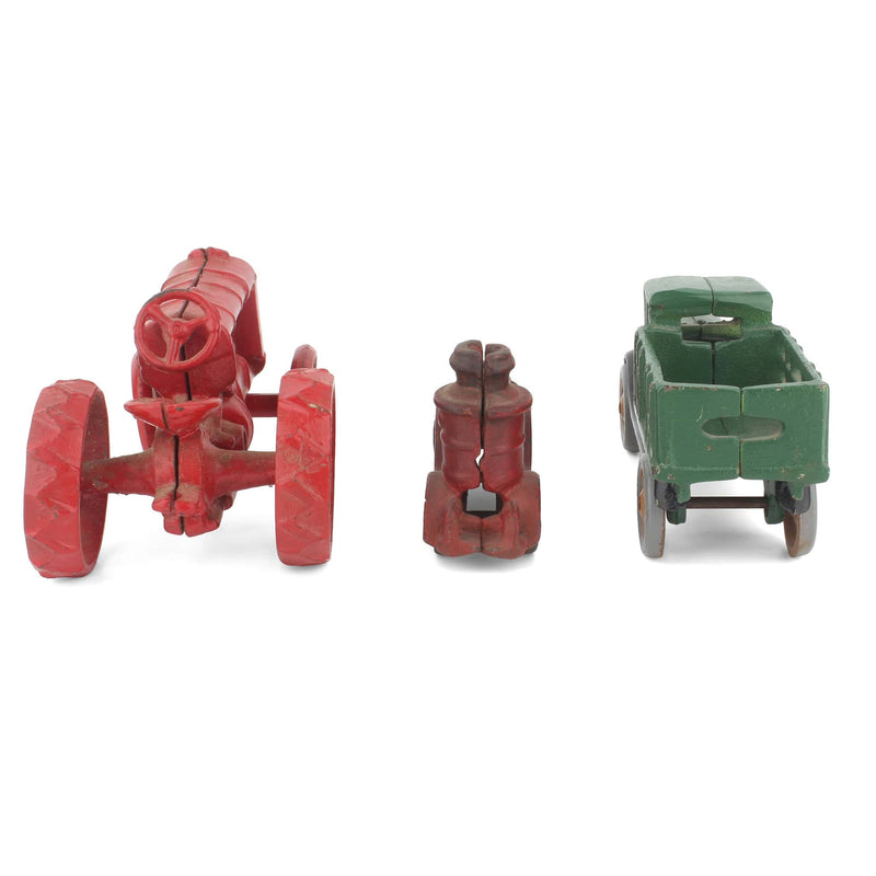 Lot of (3) Vintage Cast Iron Vehicles, Stake Truck, Fire Truck & Tractor