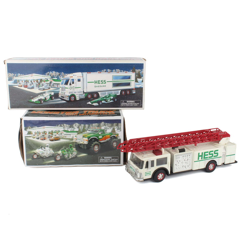 Lot of (3) Hess Collector Trucks 2007 Monster Trucks, 2003 Truck & Race Cars, and 1989 Emergency Ladder Truck