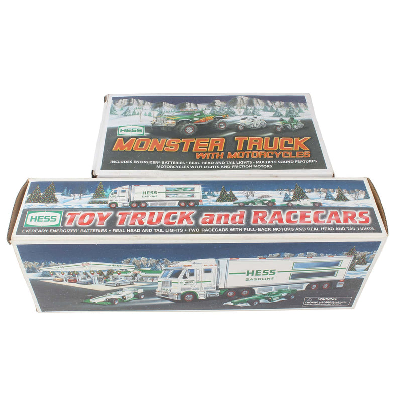 Lot of (3) Hess Collector Trucks 2007 Monster Trucks, 2003 Truck & Race Cars, and 1989 Emergency Ladder Truck
