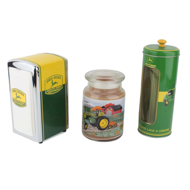 Lot of (3) John Deere Retro Kitchen Items: Napkin Holder, Straw Dispenser & 23oz Candle