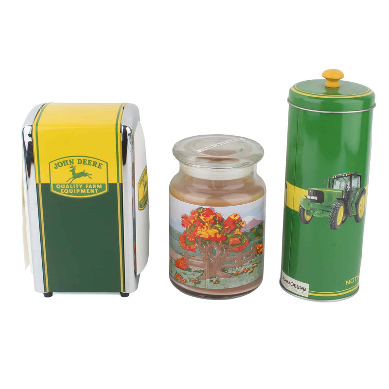 Lot of (3) John Deere Retro Kitchen Items: Napkin Holder, Straw Dispenser & 23oz Candle