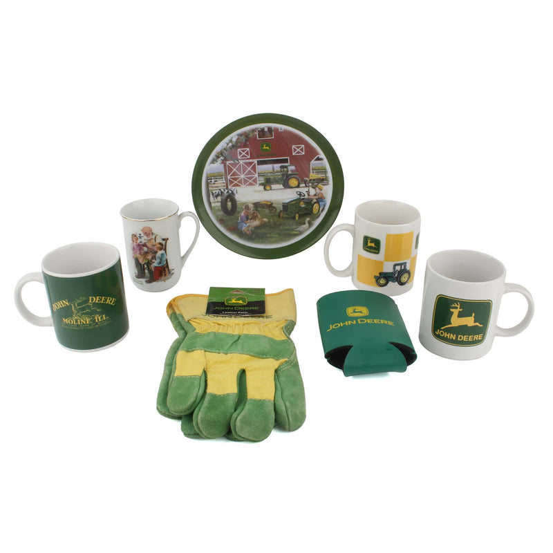 Lot of (5) John Deere Items: (3) Coffee Mugs, (1) Melamime Childrens Plate, (1) Can Holder, and (1) Pair of Leather Palm Work Gloves