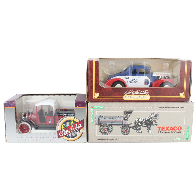 Lot of (1) Studebaker Bank, (1) Ford Coupe Bank and (1) Horse-Drawn Texaco Tanker Bank