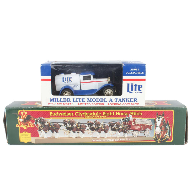 Lot of (1) 1/25 Miller Lite Ford Model A Tanker Truck Bank and (1) Budweiser Clydesdale Eight-Horse Hitch Bank