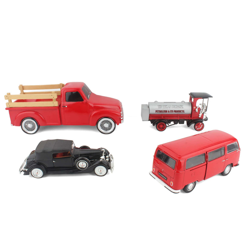Lot of (1) Large Truck Bank, (1) Pickup Truck, (1) 1/24 Volkswagon Bus, and (1) 1/27 Packard Car
