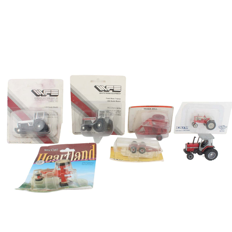 Lot of (5) 1/64 Tractors of Various Makes and (2) 1/64 Farming Implements including (1) Mixer Mill and (1) Manure Spreader