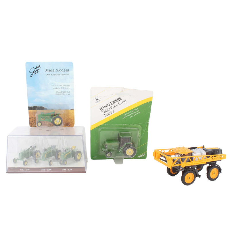 Lot of (2) 1/64 John Deere Tractors, (1) Display Case with (3) 1/64 John Deere Tractors, and (1) 1/64 Hagie Sprayer