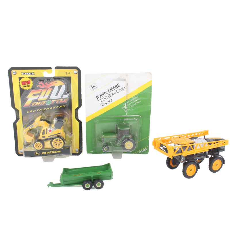 Lot of (1) 1/64 John Deere Tractor, (1) Self-propelled Sprayer, (1) John Deere Slurry Manure Spreader, and (1) John Deere Excavator by ERTL