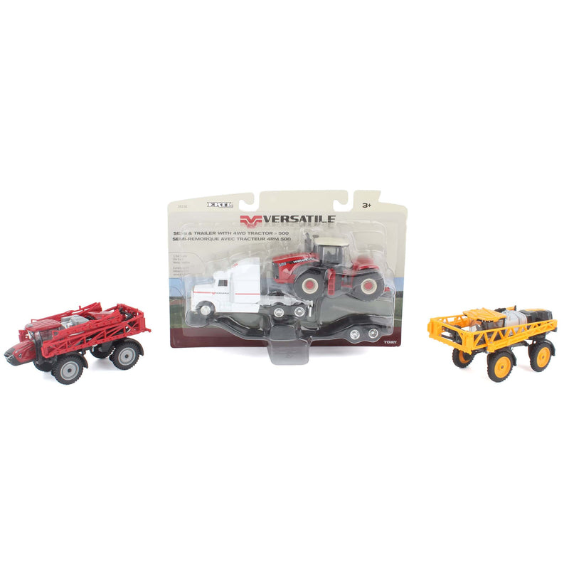 Lot of (2) 1/64 Self Propelled Sprayers, (1) 1/64 Versatile 500 Tractor, and (1) 1/64 Semi Truck with Associated Low-Boy Trailer by ERTL