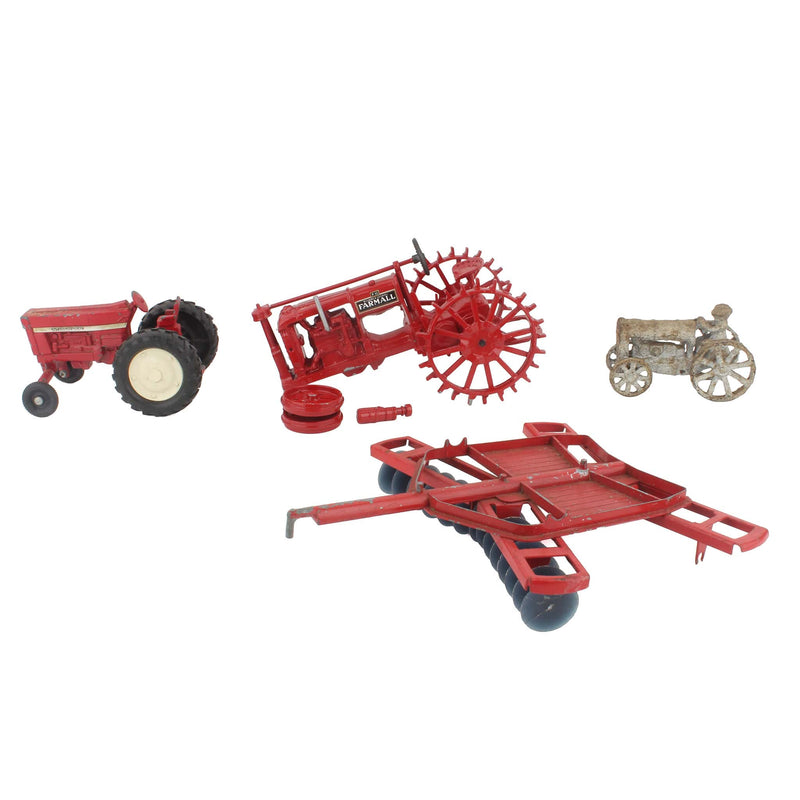 Lot of (3) Damaged Tractors and (1) Damaged 1/16 Red Disc Harrow