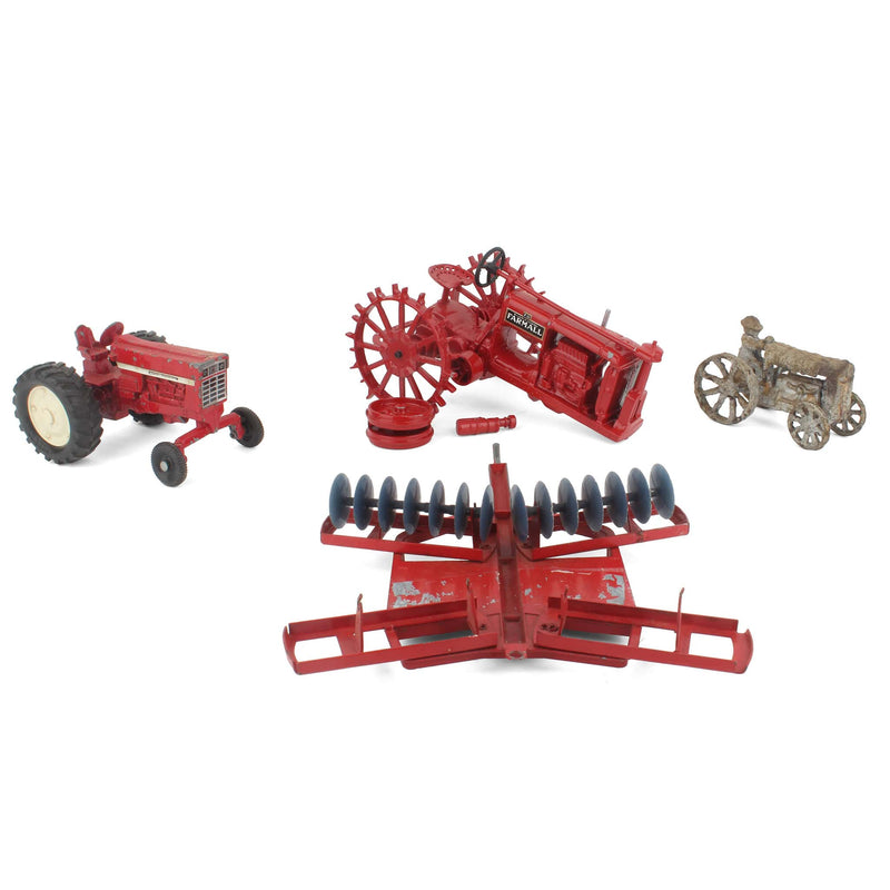 Lot of (3) Damaged Tractors and (1) Damaged 1/16 Red Disc Harrow