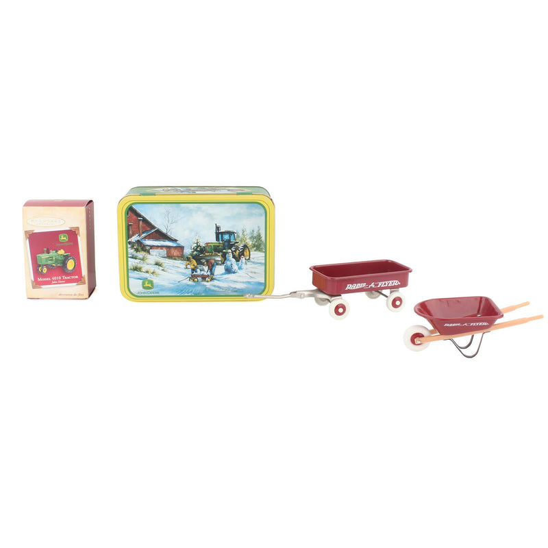 Lot of (2) John Deere Novelty Items and (1) Radio Flyer Novelty Wagon and Wheel Barrow Set