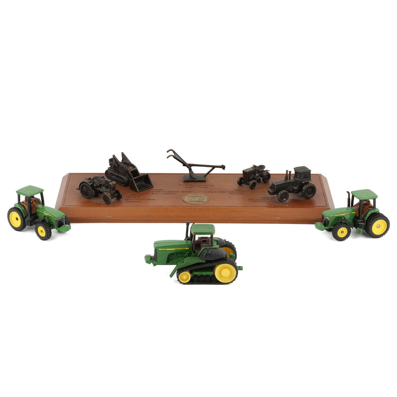 Lot of (3) 1/64 John Deere Tractors and (1) John Deere Table Plaque with Brass Figures by ERTL