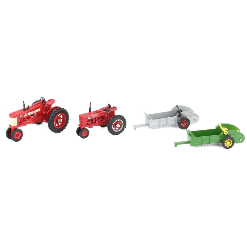 Lot of (2) 1/43 McCormick Farmall Tractors and (2) 1/43 Manure Spreaders by ERTL