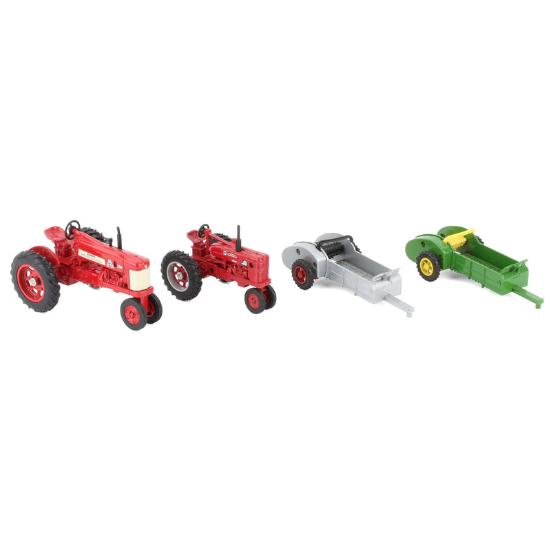 Lot of (2) 1/43 McCormick Farmall Tractors and (2) 1/43 Manure Spreaders by ERTL