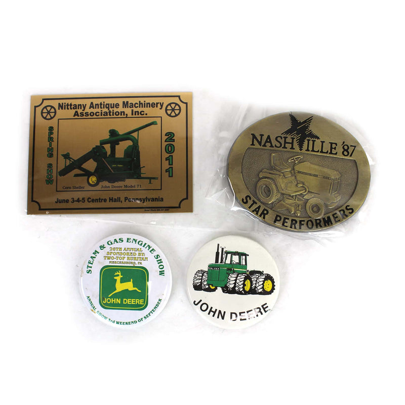 Lot of (2) John Deere Buttons, (1) 2011 Nittany Antique Machinery Association Brass Sign, and (1) Nashville 1987 John Deere Belt Buckle
