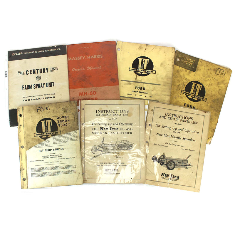 Lot of (2) New Idea Instructions and Repair Parts List, (3) Ford Shop Manuals, (1) Massey-Harris MH-60 Mower Owner's Manual and (1) The Century Line Maintenance and Operating Instructions