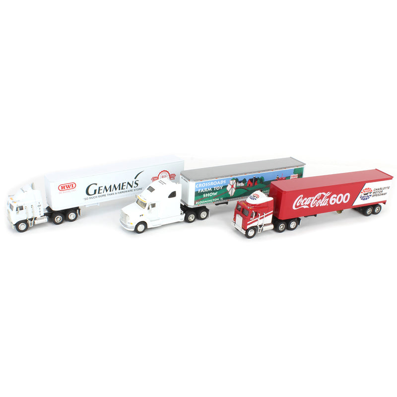 Lot of (2) 1/64 Semi Trucks with Box Trailer Banks and (1) 1/64 Semi Truck with Box Trailer