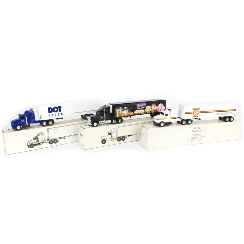Lot of (2) 1/64 Semi Trucks with Refrigerated Box Trailers and (1) 1/64 Semi with Box Trailer