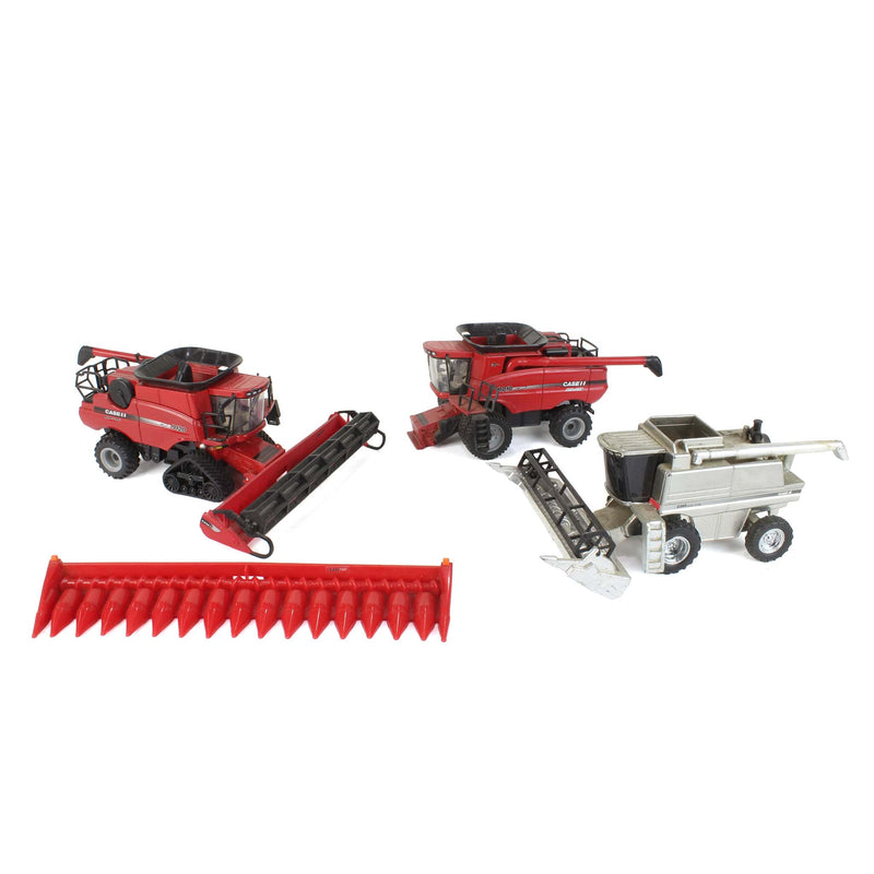 Lot of (3) 1/64 Case IH Combines with (2) Grain Heads and (1) Corn Head