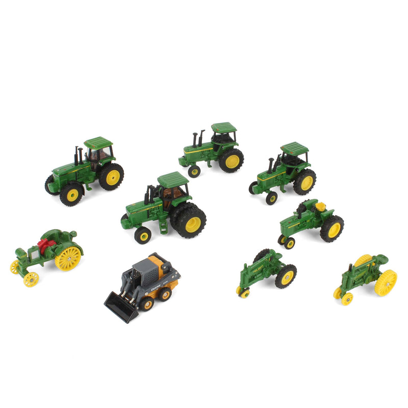 Lot of (8) 1/64 John Deere Tractors and (1) John Deere Skid Loader