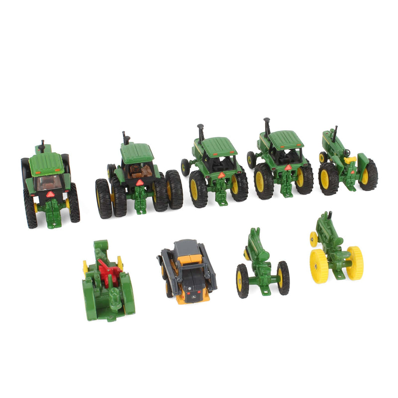 Lot of (8) 1/64 John Deere Tractors and (1) John Deere Skid Loader
