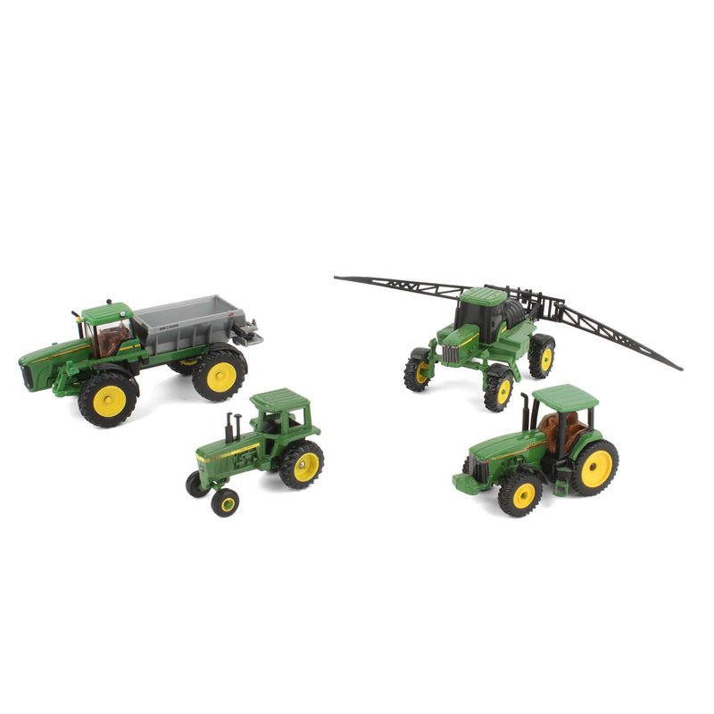 Lot of (2) 1/64 John Deere Tractors and (2) 1/64 John Deere Self Propelled Farm Equipmnt