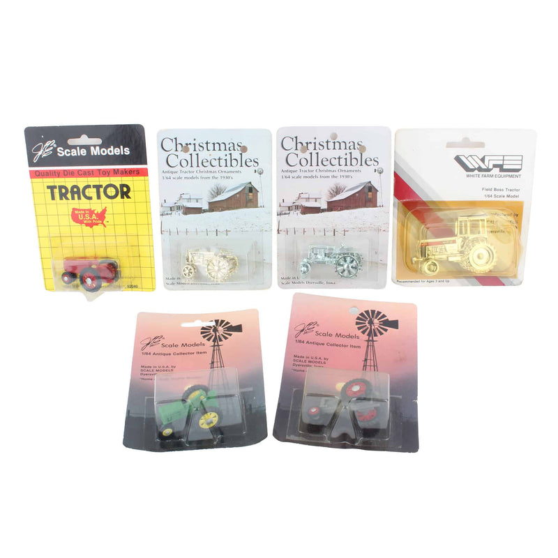 Lot of (3) 1/64 Christmas Ornaments and (3) 1/64 Plastic Tractors